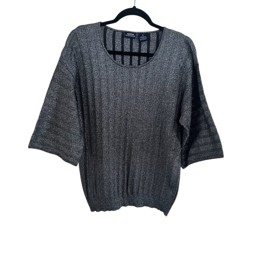Norton McNaughton Metallic Silver XL Shimmer Ribbed Short Sleeve Blouse Sweater